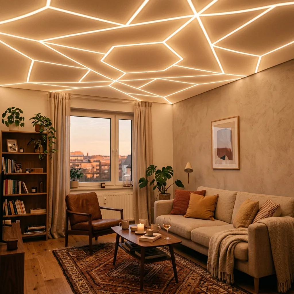 Потолок со световыми линиями в гостиной 21 м², тканевое полотно