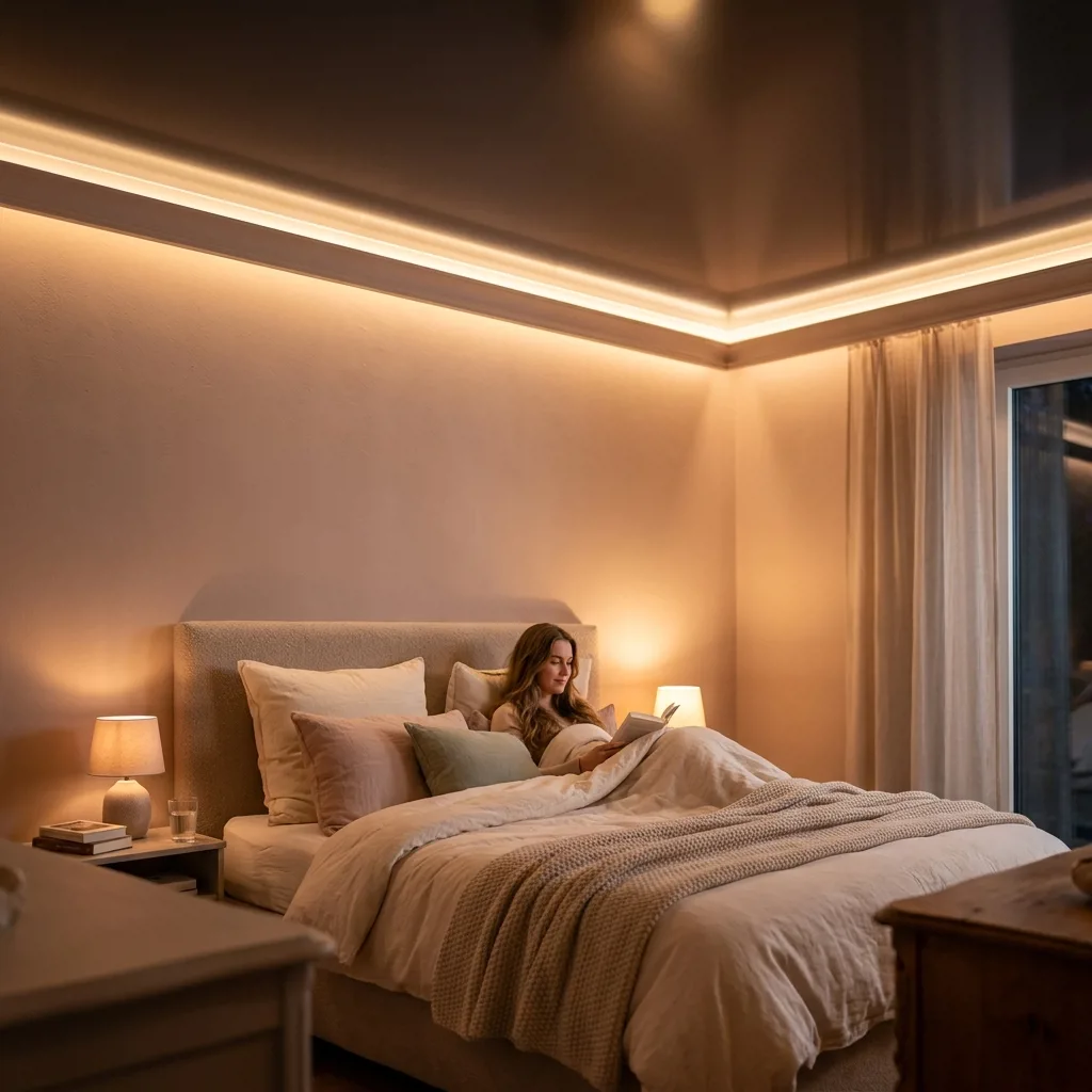 Спальня с сатиновым потолком и LED-подсветкой в карнизе