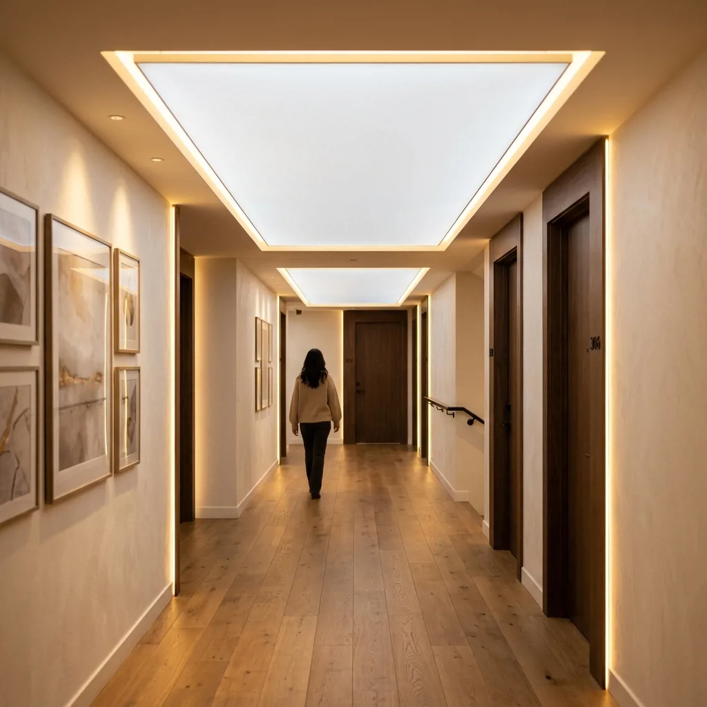 Парящий потолок Descor с LED-подсветкой в коридоре